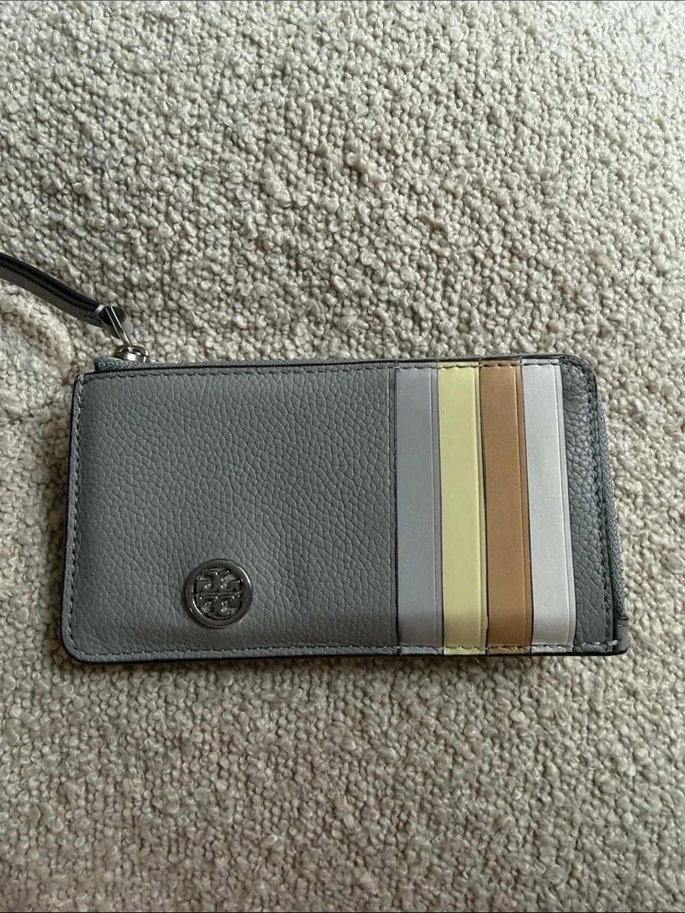 Tory Burch Gray Leather Wristlet Card Case with Yellow, Tan and Cream Stripes